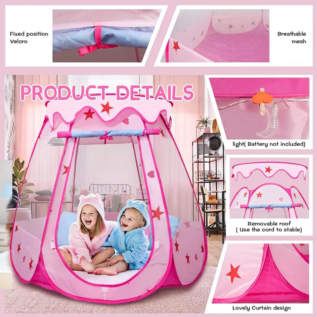 Kids Pop up Tent with Star Light and Clip, Girls Pink Princess Indoor &amp; Outdoor Play Tent Small