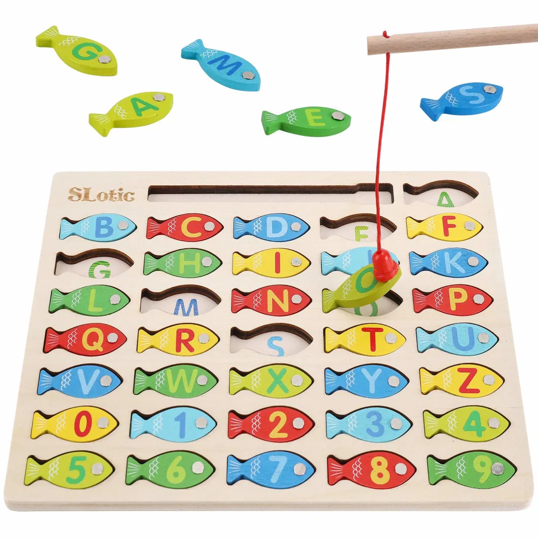 Magnetic Wooden Fishing Game Toy for Toddlers - Alphabet ABC Fish Catching Counting Learning Education Math Preschool Board Games Toys Gifts for 3 4 5 Years Old