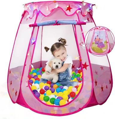 Kids Pop up Tent with Star Light and Clip, Girls Pink Princess Indoor & Outdoor Play Tent Small