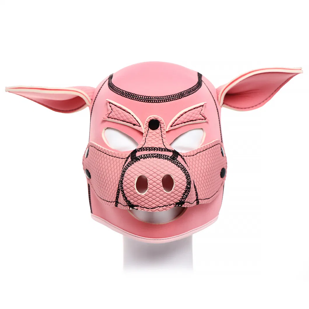 PU Leather Pet Cosplay Slave Restraint Bondage Sex Toys for Couples Cute Pink Pig Headgear Erotic Hood